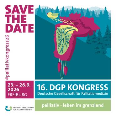 Quelle: Deutsche Gesellschaft für Palliativmedizin Das Bild zeigt das Logo des Kongresses: Eine pinkfarbene Kuckucksuhr mit einem gelben Kuckuck und dahinter türkisfarbener Wald